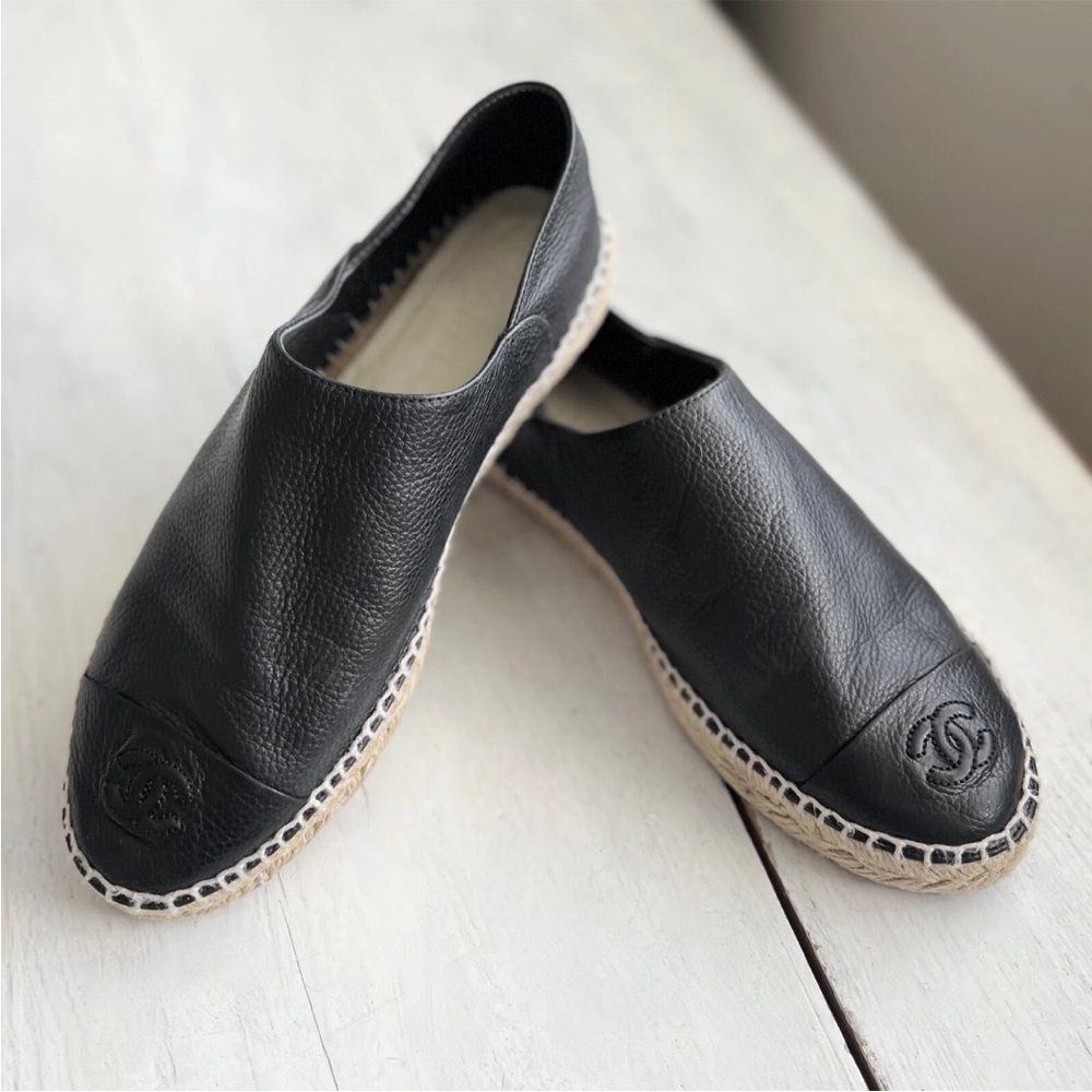 Rare CHANEL Womens CC Logo Cap Toe Espadrilles Black Leather sz 40 Tweed Quilted - Picture 4 of 15